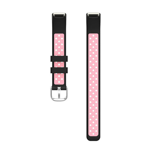 Silicone Sport Strap, black/pink, laid flat, separate parts, direct top view
