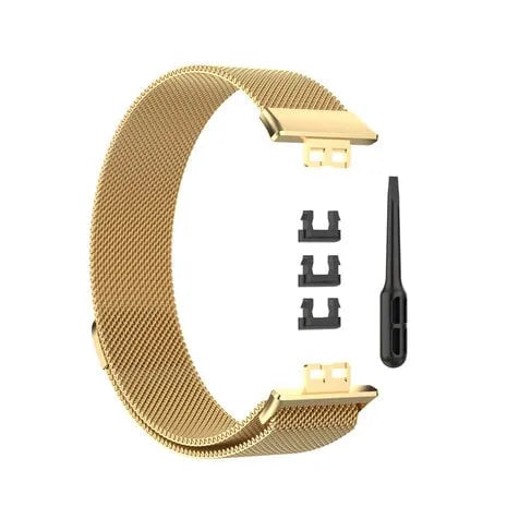 Milanese Strap, gold, laid flat, separate parts, direct top view