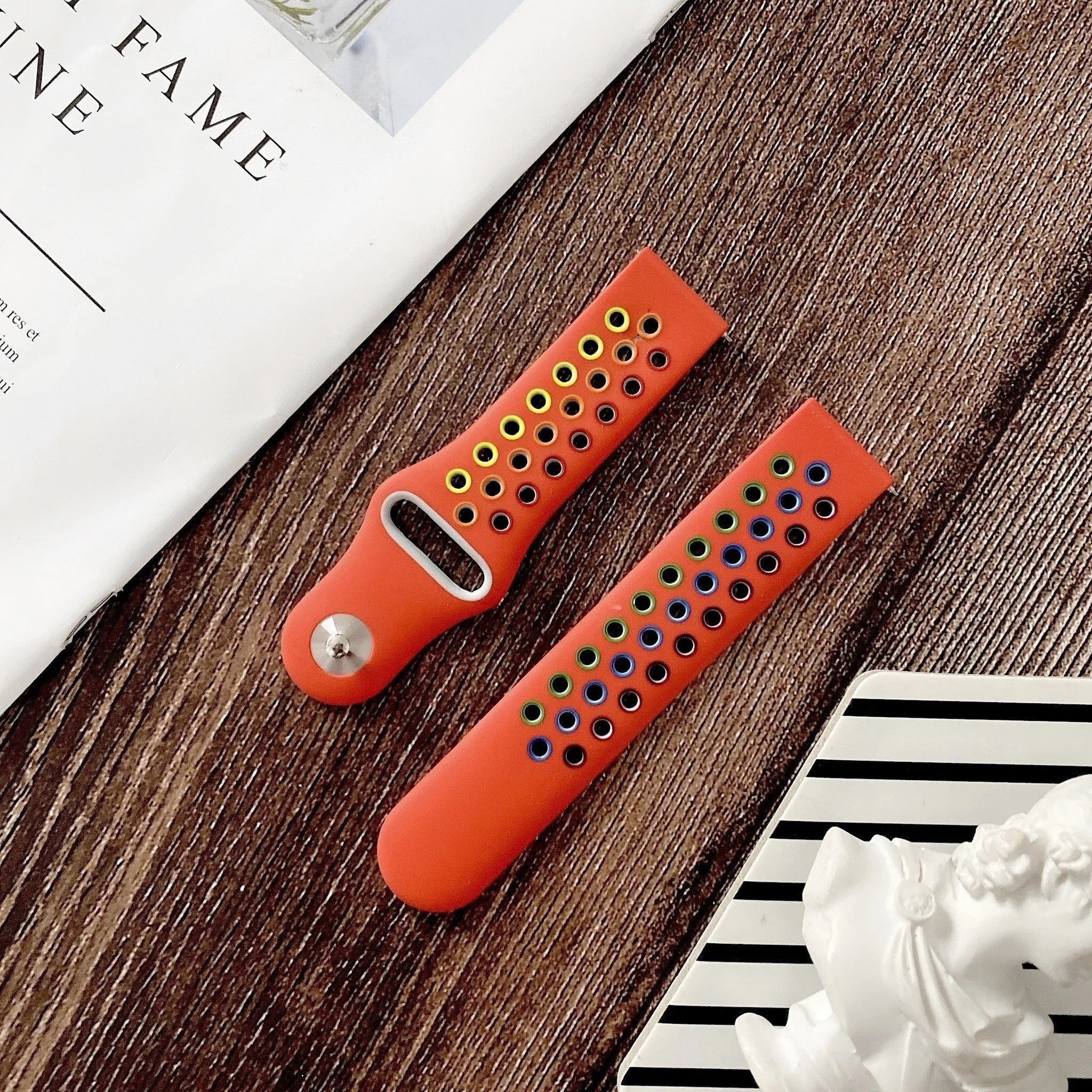Silicone Sport Strap, red/colourful, laid flat, separate parts, direct top view