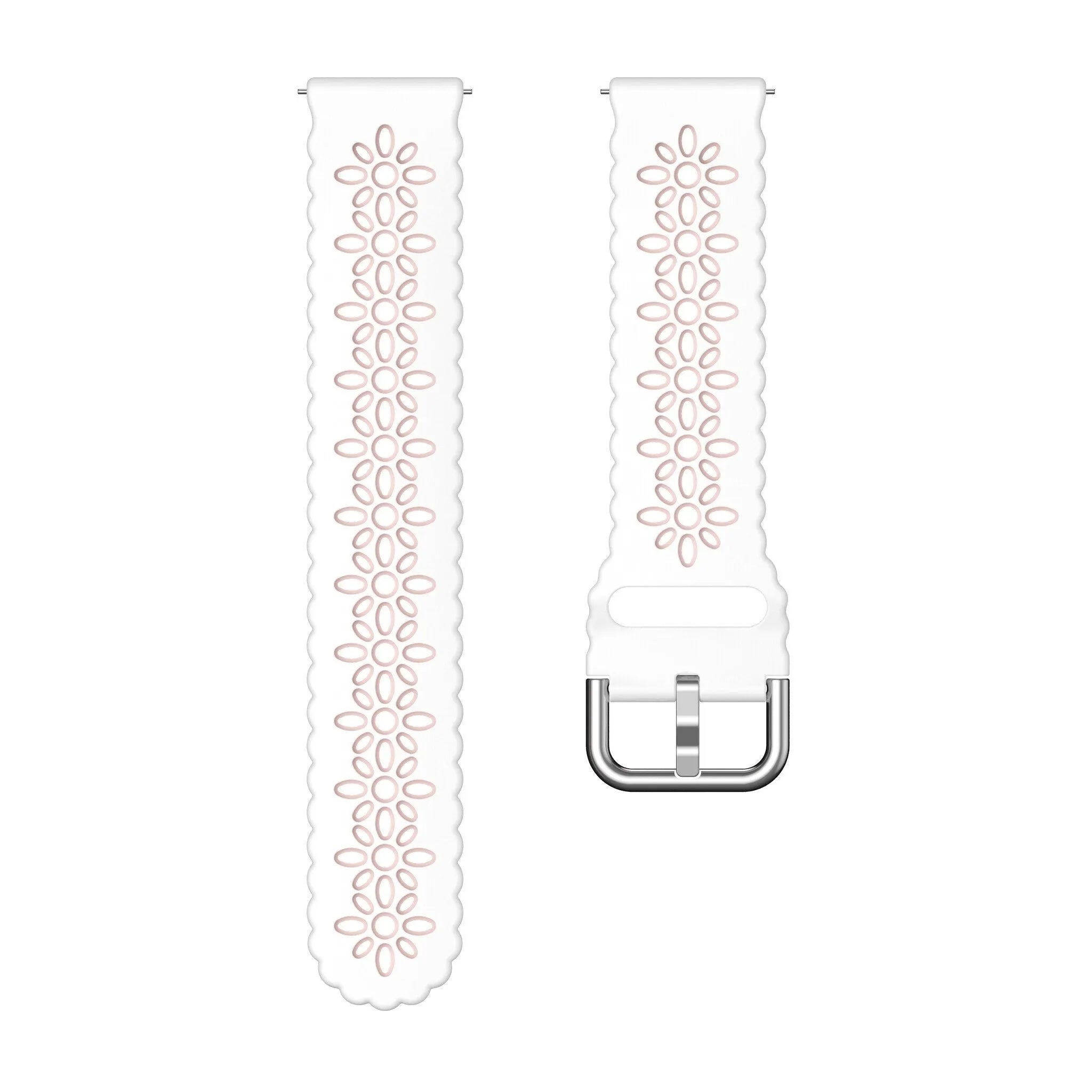 Patterned Silicone Strap, white/pink, laid flat, separate parts, direct top view