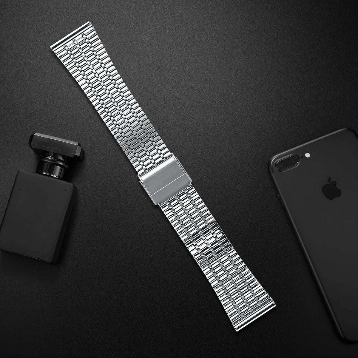 Fine Steel Strap, silver, laid flat, joined, direct top view