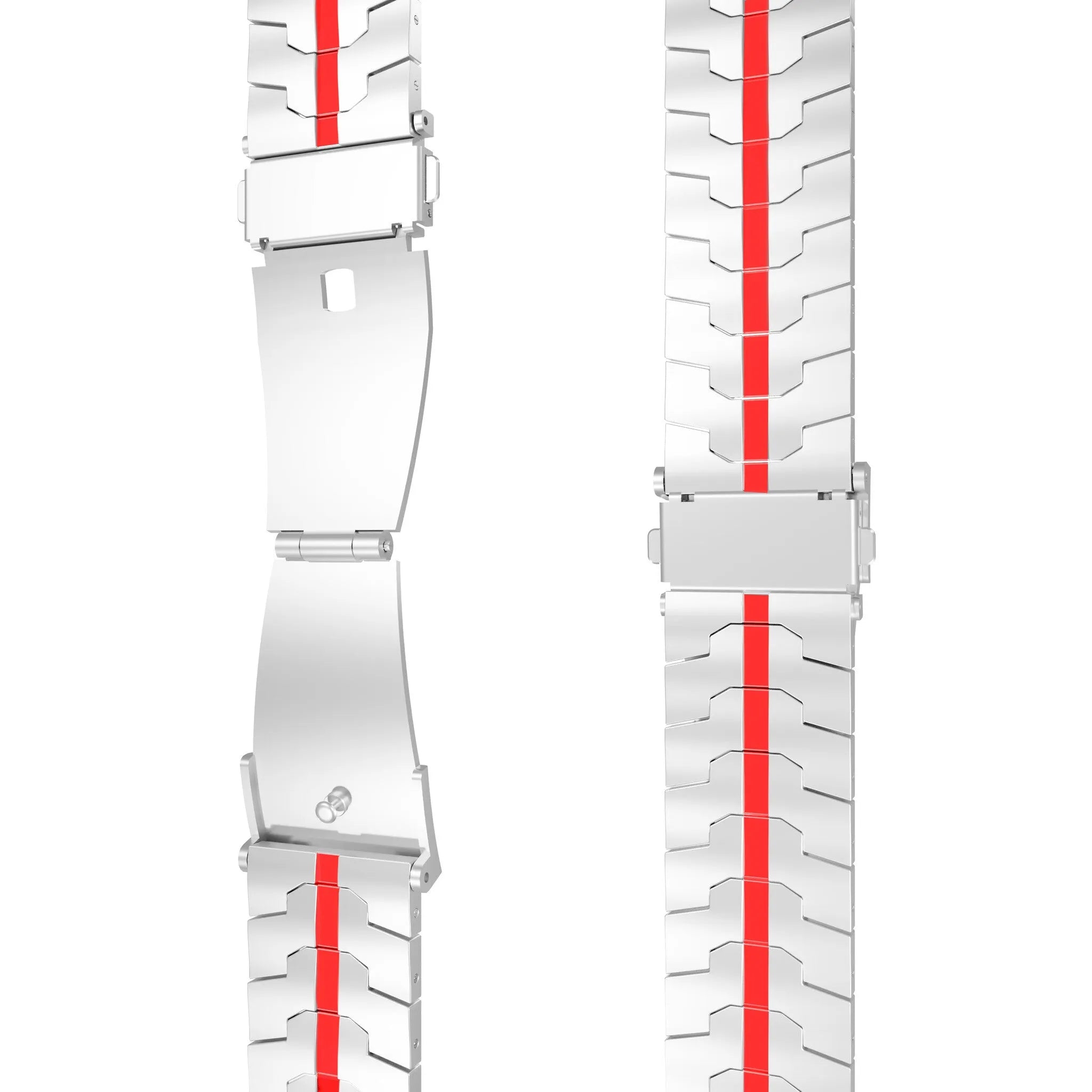 Steel Iron Strap, silver/red, laid flat, joined, direct top view