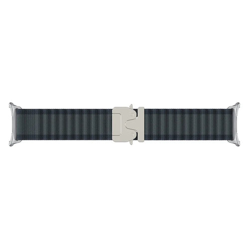 Outdoor Nylon Strap with P-Buckle, black with silver, laid flat, joined, direct top view