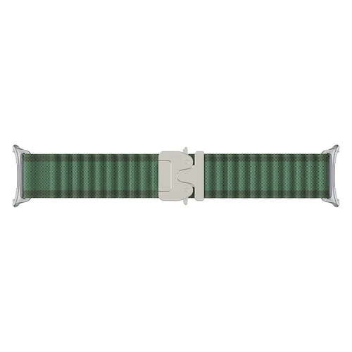 Outdoor Nylon Strap with P-Buckle, green with silver, laid flat, joined, direct top view
