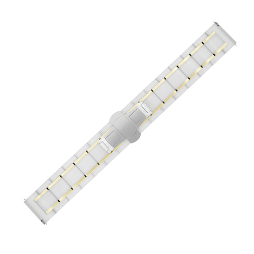 Metal Ceramic Link Strap, white/gold, laid flat, joined, direct top view