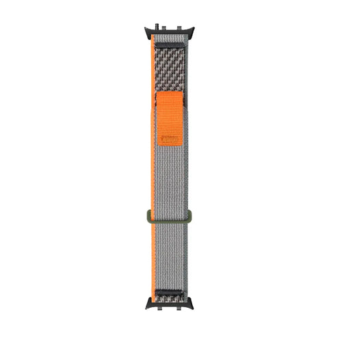 Nylon Strap, grey/orange, laid flat, joined, direct top view