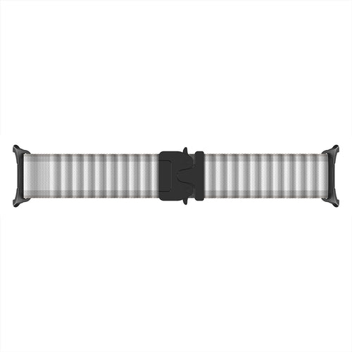 Outdoor Nylon Strap with P-Buckle, white with black, laid flat, joined, direct top view