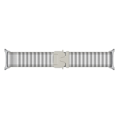Outdoor Nylon Strap with P-Buckle, white with silver, laid flat, joined, direct top view