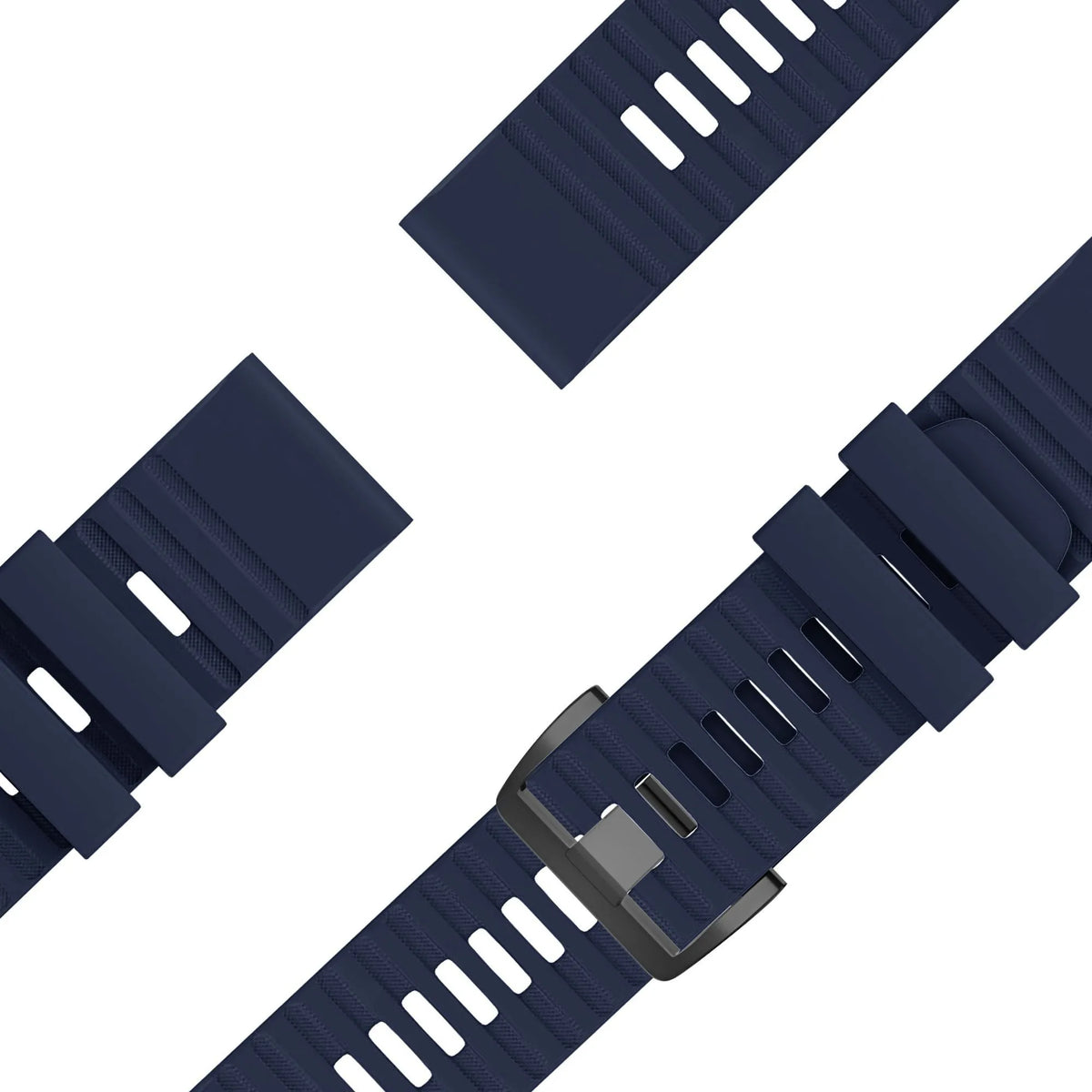 Buckled Silicone Strap, laid flat, separate parts, top and underside view
