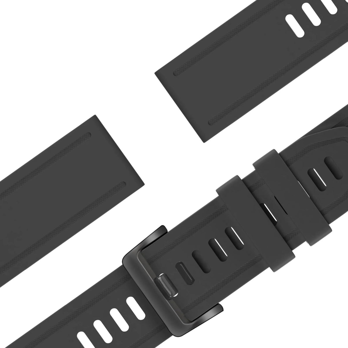 Buckled Silicone Strap, laid flat, separate parts, top and underside view