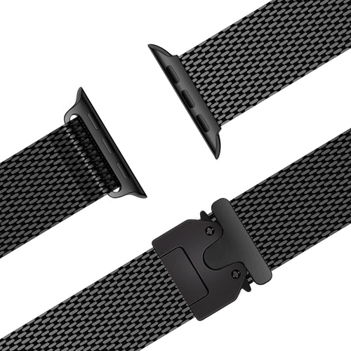 Milanese Loop Strap P-Buckle, laid flat, separate parts, top and underside view