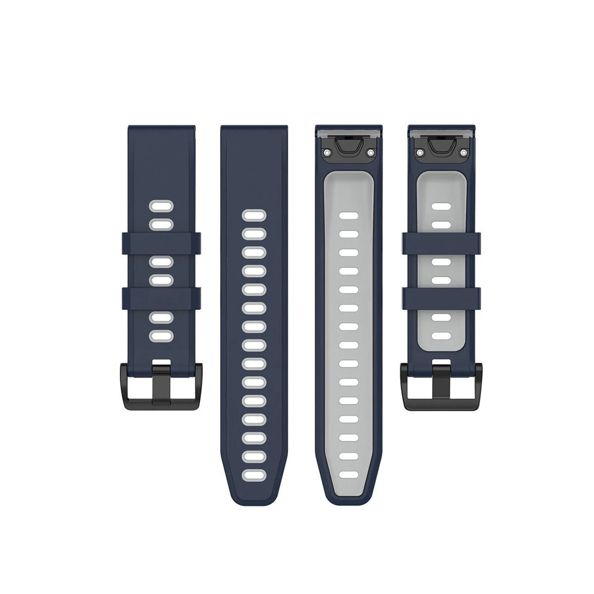 Silicone Sport Buckle Strap, laid flat, separate parts, top and underside view