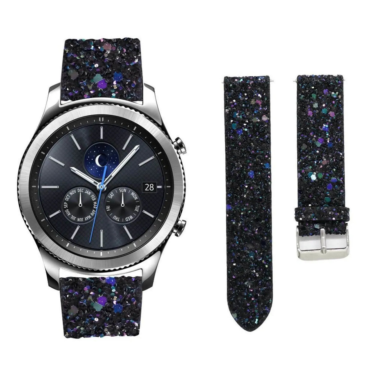Leather Strap with Glitters, laid flat, separate parts, top and underside view