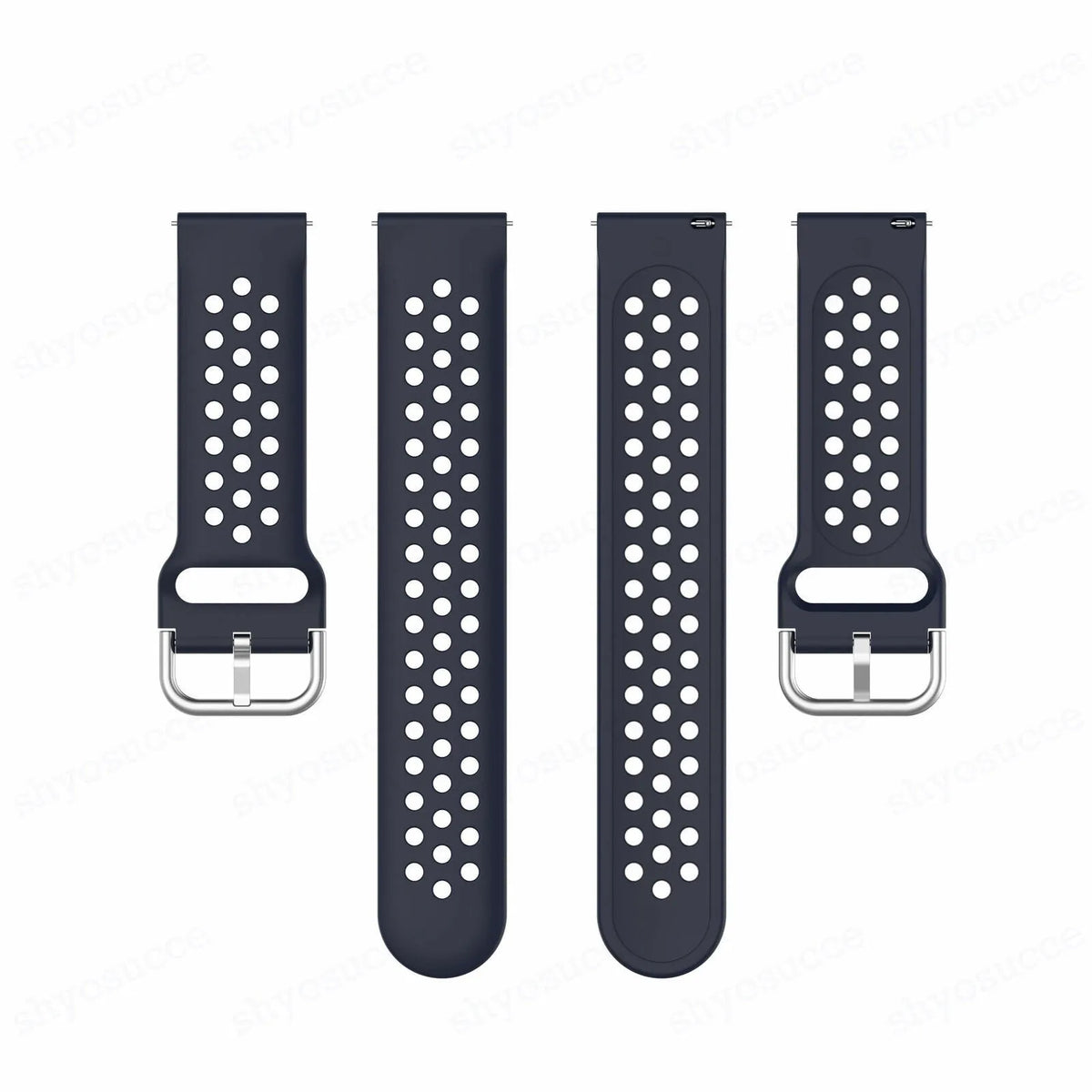 Breathable Silicone Strap, laid flat, separate parts, top and underside view
