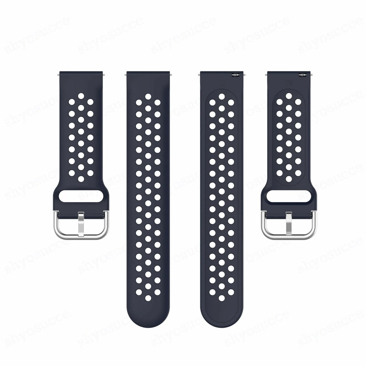 Breathable Silicone Strap, laid flat, separate parts, top and underside view