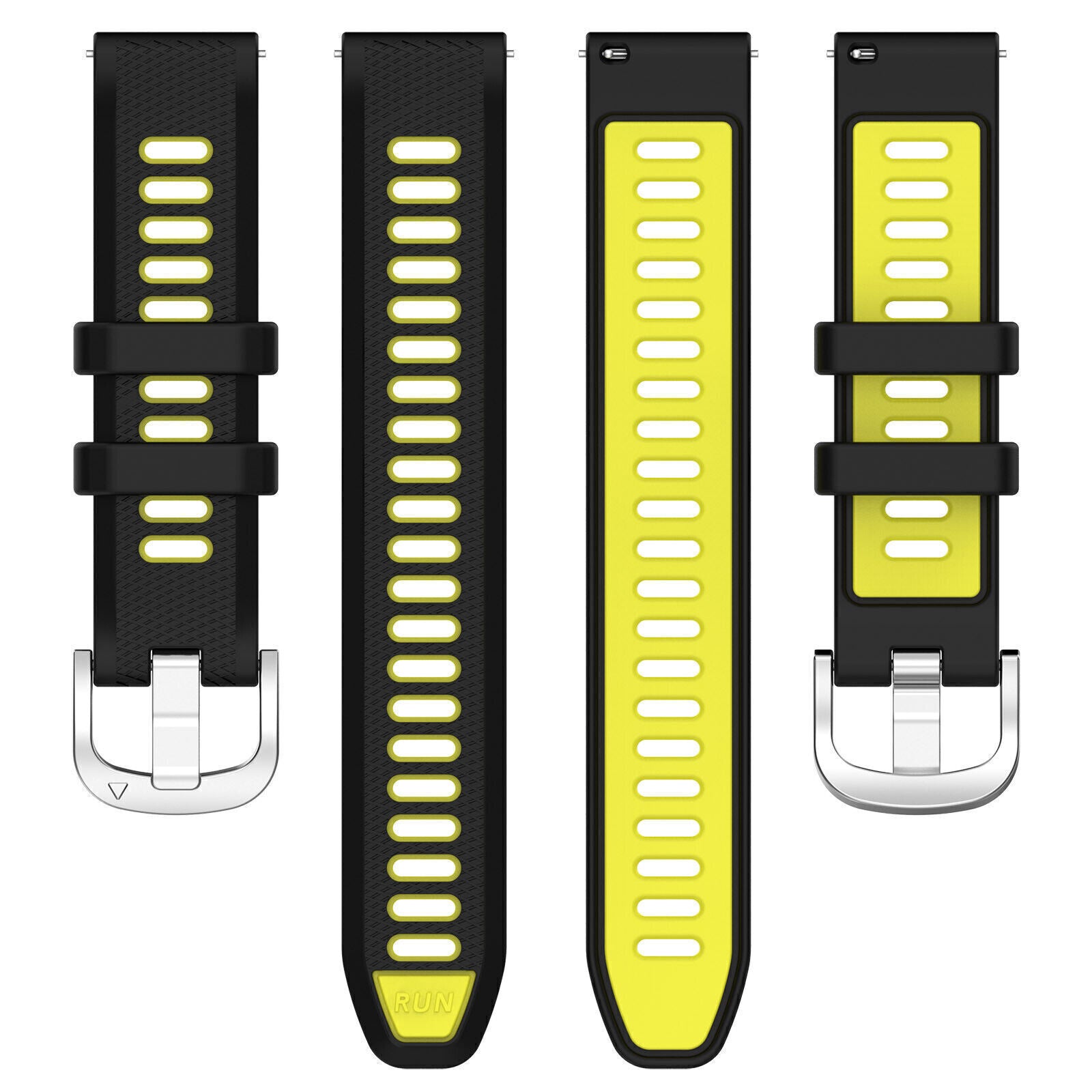 Silicone Buckled Sport Strap, laid flat, separate parts, top and underside view