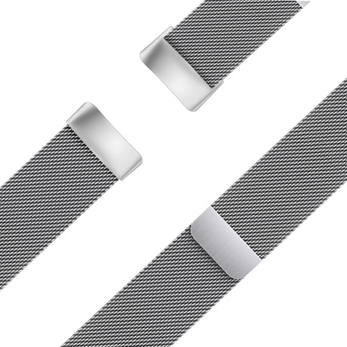 Milanese Loop Strap, silver, laid flat, joined, 45° top view