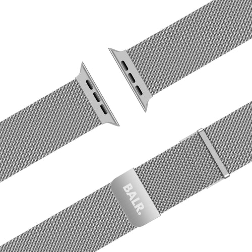 Milanese Strap, silver, laid flat, joined, 45° top view