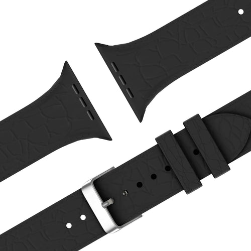 Silicone Strap Leather Pattern, black, laid flat, joined, 45° top view