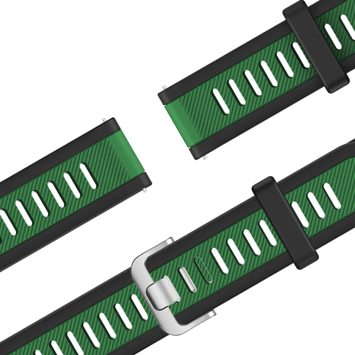 Silicone Dual Buckled Sport Strap, black/green, laid flat, joined, 45° top view