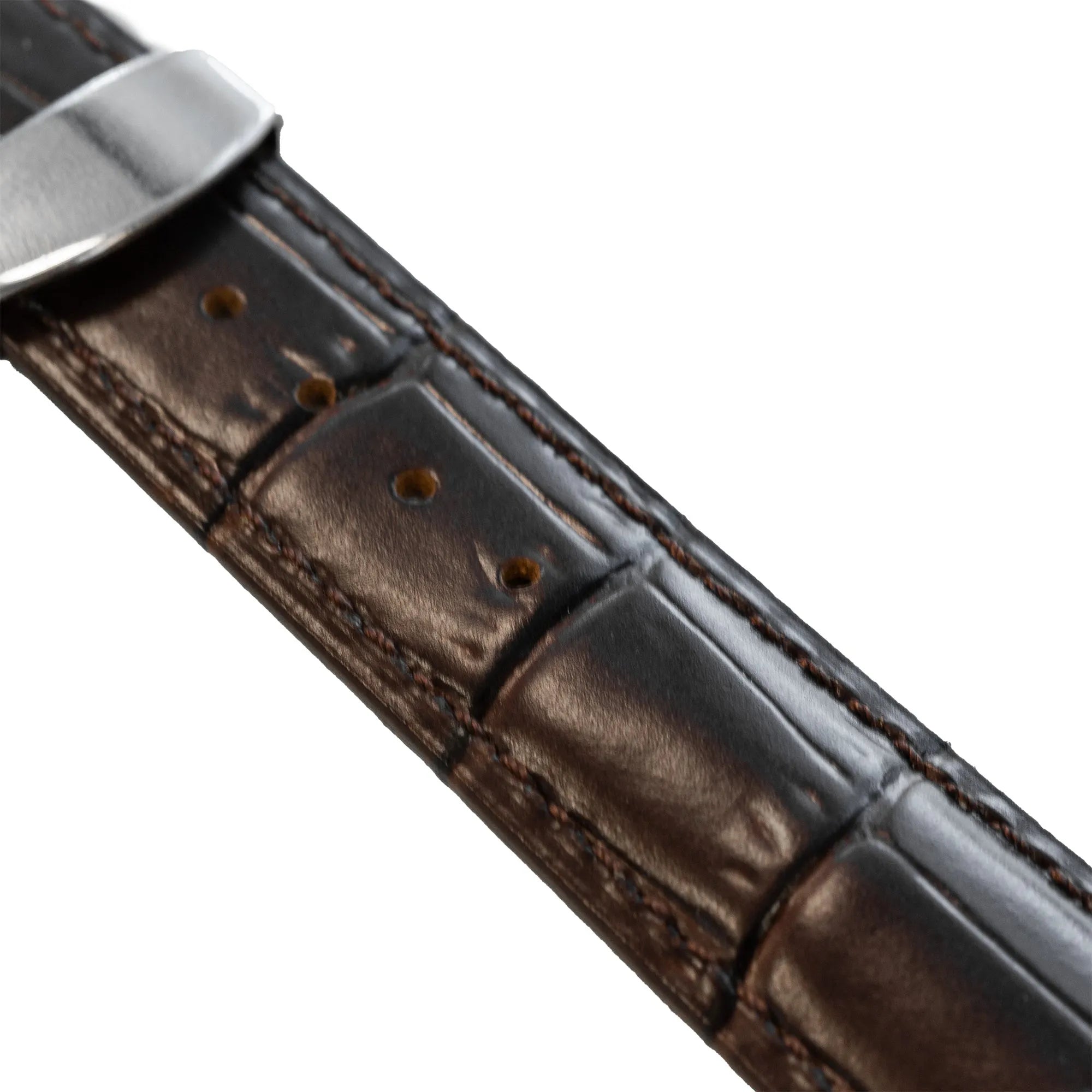 Premium Leather Strap, dark brown, laid flat, joined, 45° top view