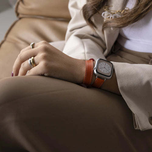 Leather Strap 'Double Tour', orange, lifestyle photo