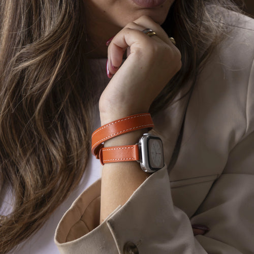 Leather Strap 'Double Tour', orange, lifestyle photo