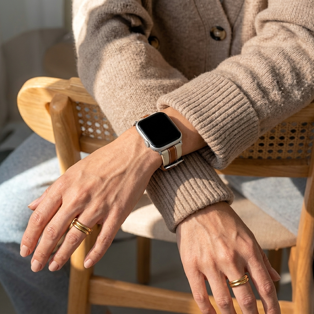 Bracelet cuir hybride slim Apple Watch (beige/marron)