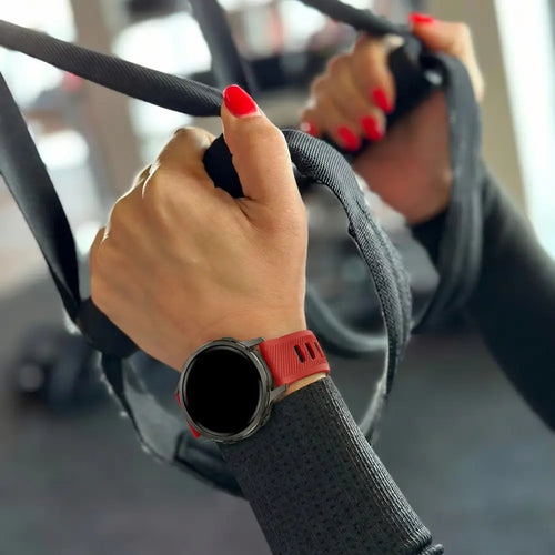 Silicone Buckled dual sport strap, red/black, lifestyle photo