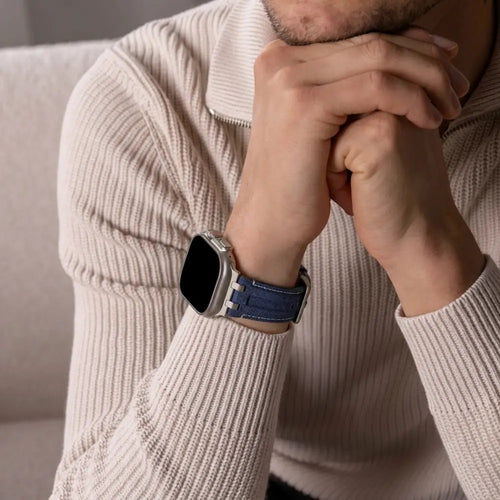 Apple Watch denim leren band (blauw met zilver)