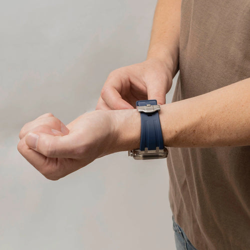 Luxury Liquid Silicone Strap, blue with titanium, lifestyle photo