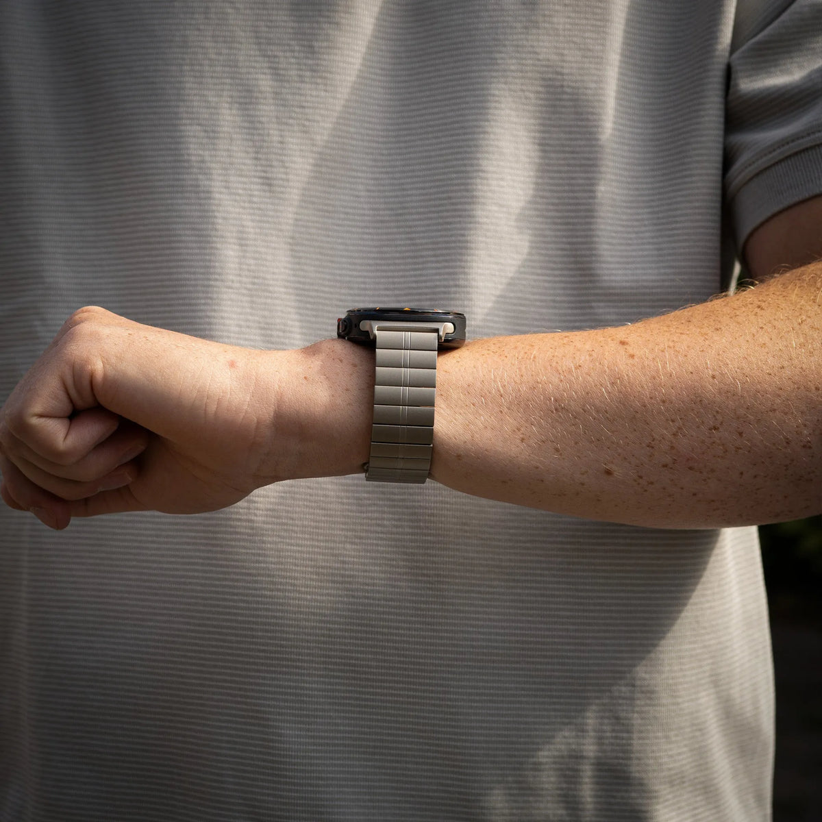 Premium Metal Strap, titanium, lifestyle photo