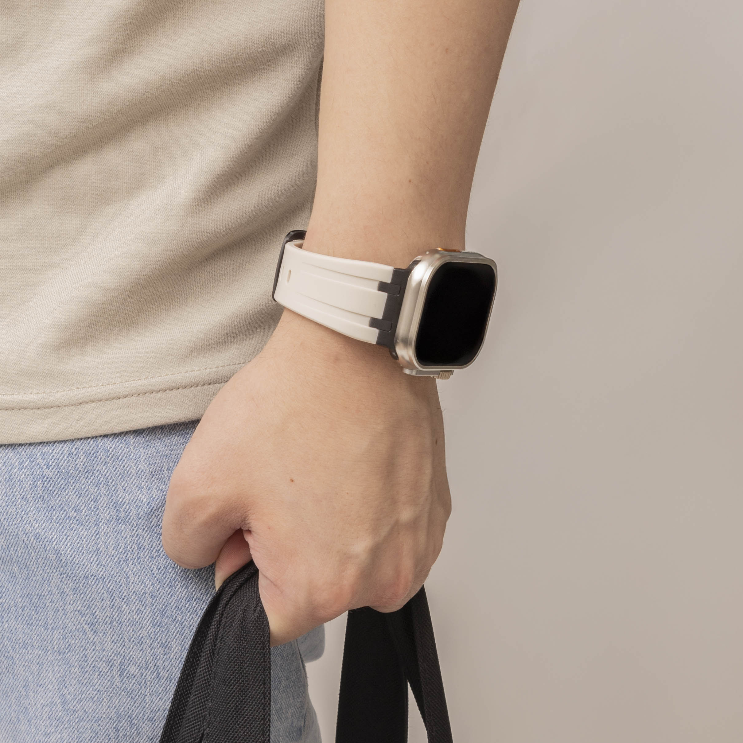 Bandz Apple Watch Ultra Silicone Strap 'Luxe Liquid' (Beige with Black)