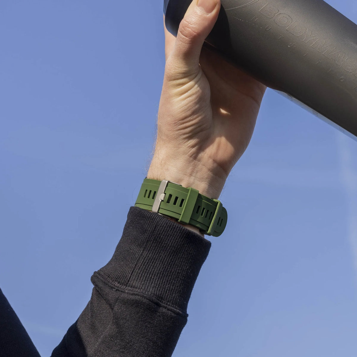 Glossy Silicone Strap, army green, lifestyle photo
