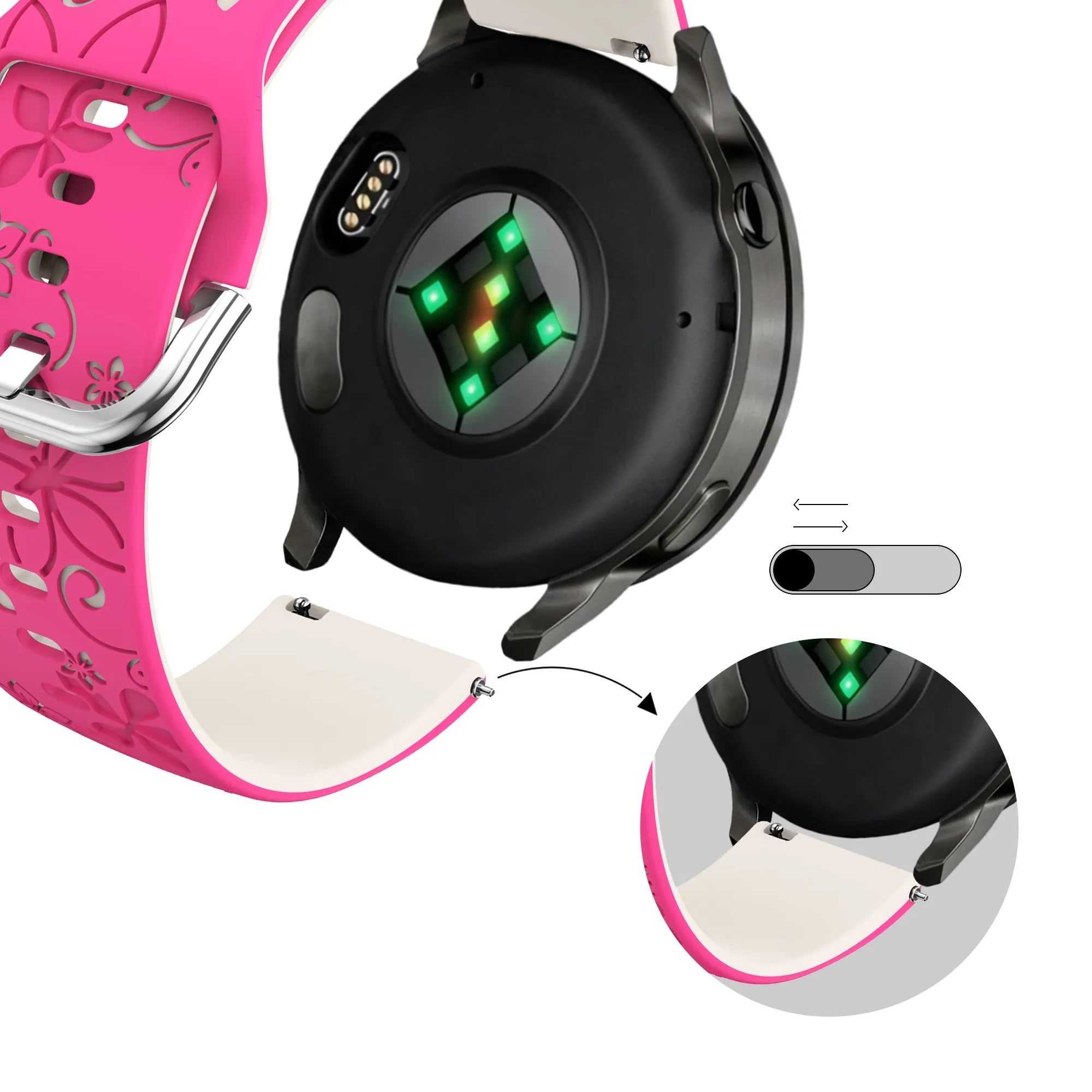 Bandz Bracelet silicone 'Fleurs' Garmin Forerunner 645 (rose vif/lumière stellaire)