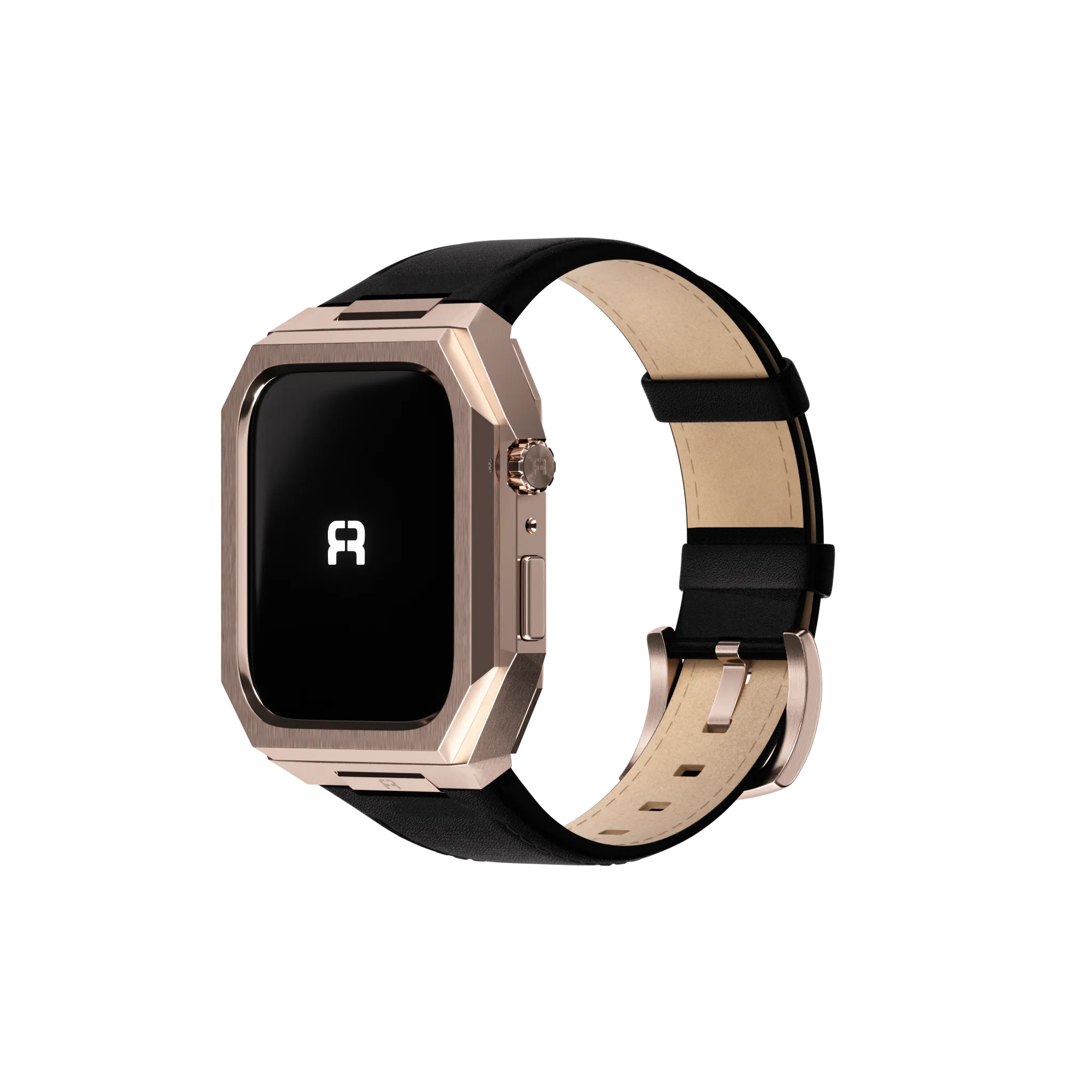 Reqior Apple Watch 45mm Metal Case with Leather Strap (Rose Gold/Black)