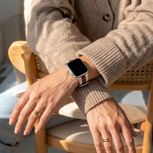 Bracelet cuir hybride slim Apple Watch (beige/rouge)